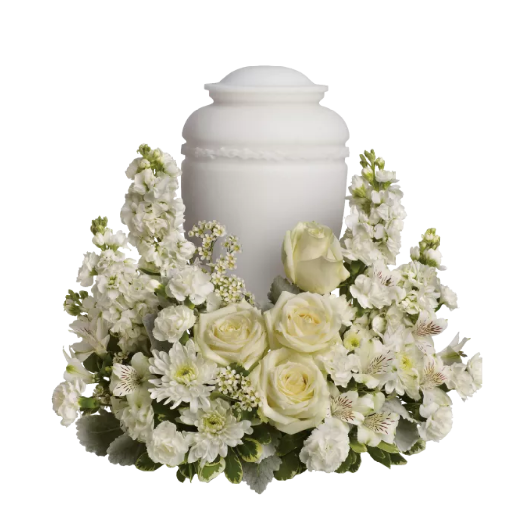 White urn with floral arrangement