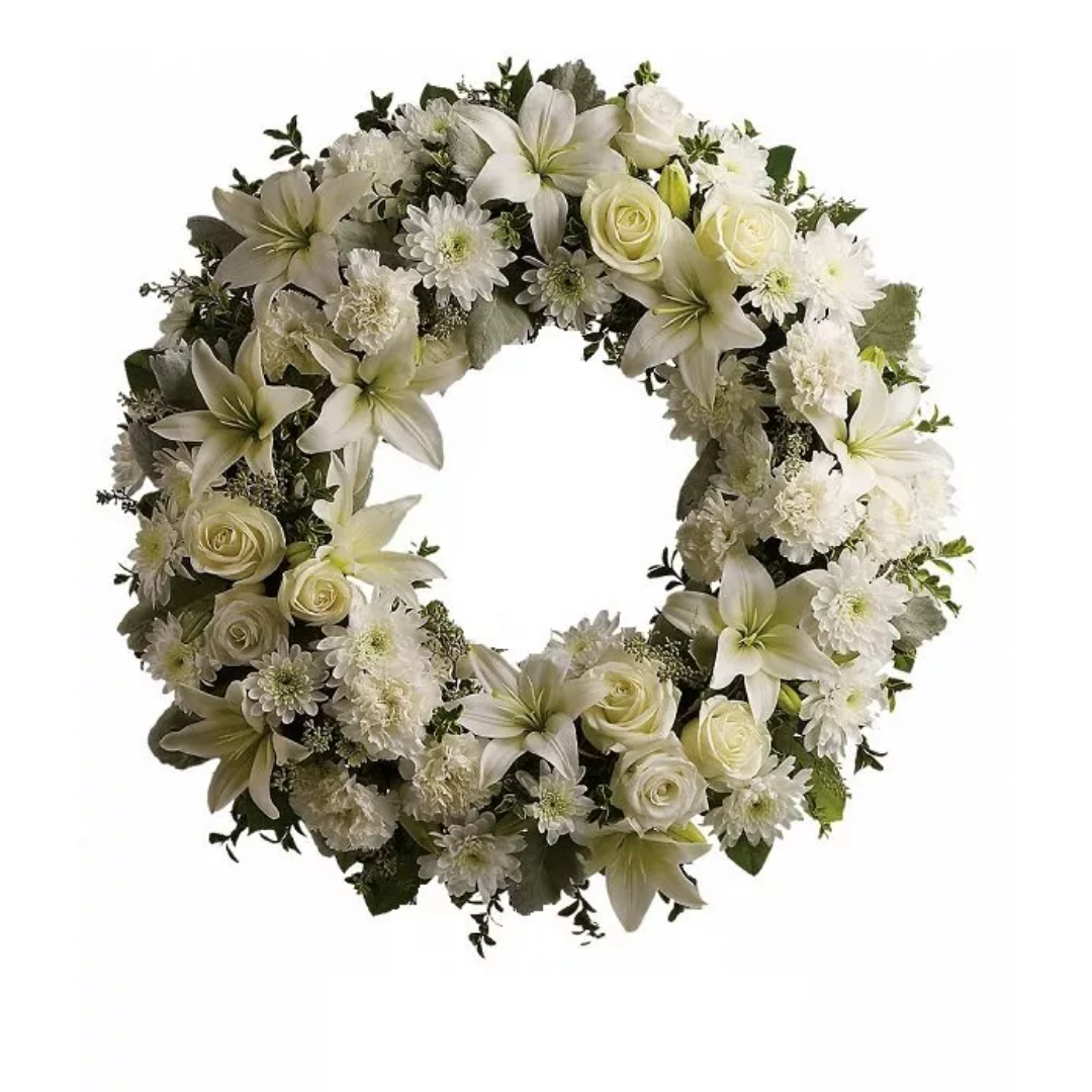 Serenity Wreath - White floral wreath with lilies and roses