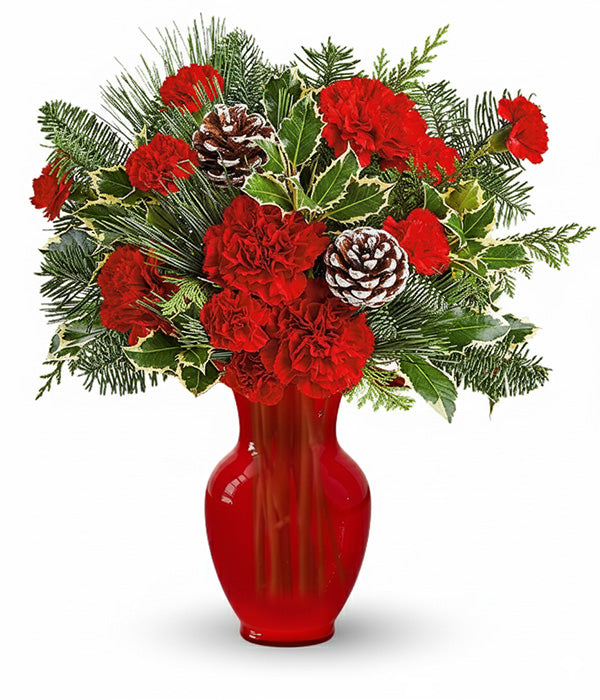 Winter Wonderland bouquet of red flowers in red vase