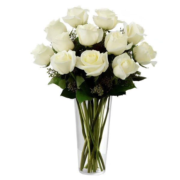 one dozen long stem white roses